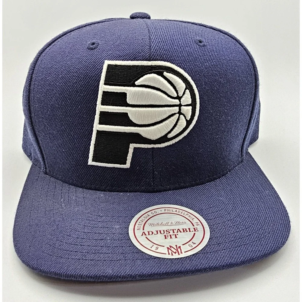 Mitchell & Ness Indiana Pacers Snapback Hat Blue Black White Logo Wool Blend‎